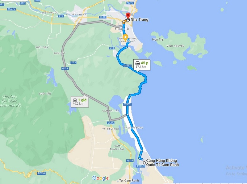 google maps sân bay Cam Ranh đi Nha Trang